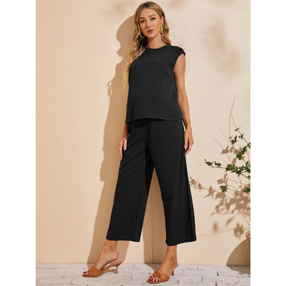 Maternity Batwing Sleeve Keyhole Back Top Wide Leg Pants Set - Picture 3 of 11